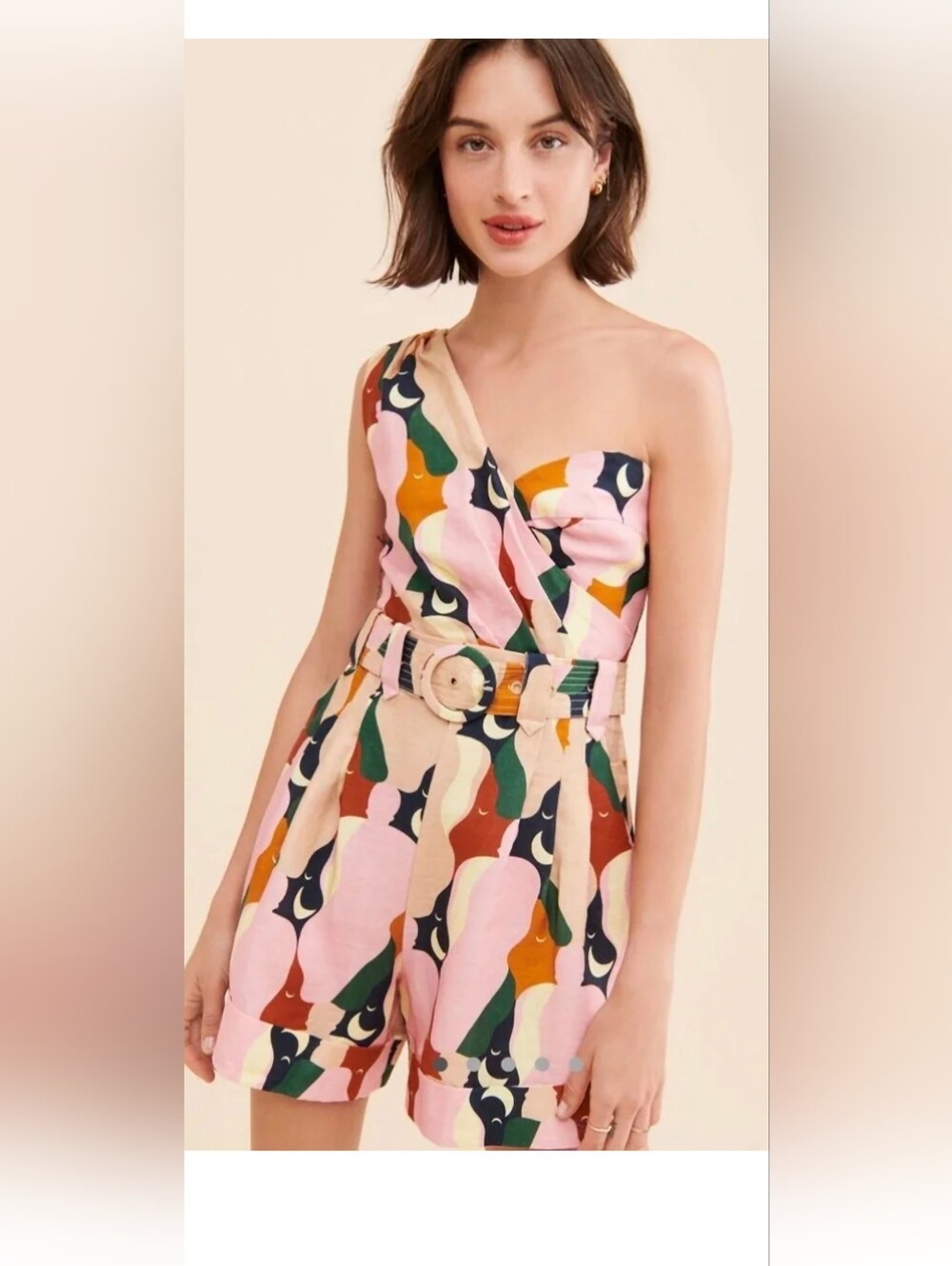 Farm Rio One-Shoulder Abstract Print Romper in Pink Multi